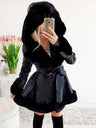 Furry Patchwork Ruffle Solid Color Ribbon Hooded Coats