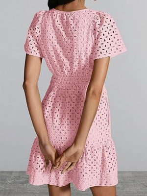 Lace Cutout V-neck Short Sleeve A-line Short Dress