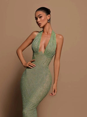 Halter sequins Deep V Bodycon long dress