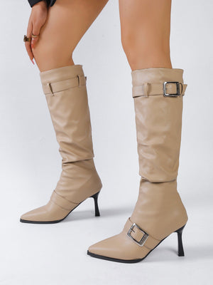 Pleated High-top Pointed-toe Stiletto Heels With Buckle Belt For Women