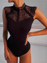 Lace Splicing Sleeveless Mock Neck Jumpsuits&Bodysuits