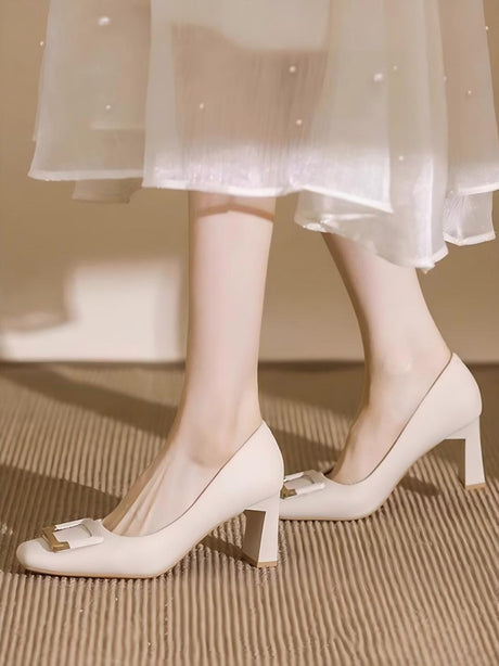 Liber Spring and Autumn Square Buckle Women's High Heels