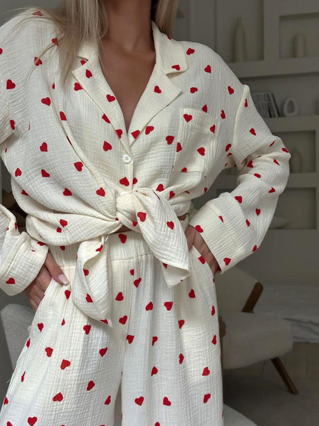 Heart Print Long Sleeves And Trousers 2-piece Sets Sleepwear