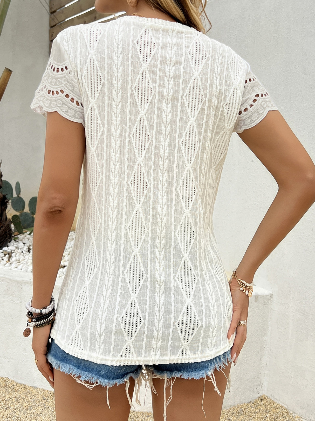 Jacquard Hollow Out Crew Neck Short Sleeve T-shirts
