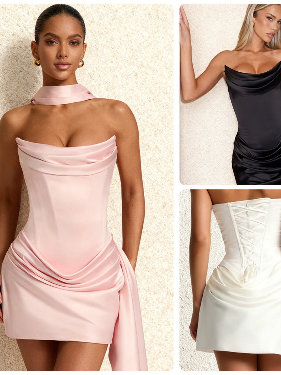 Satin Halter Tube Top Fish Bones Ribbon Formal Dress Mini&Short Dresses