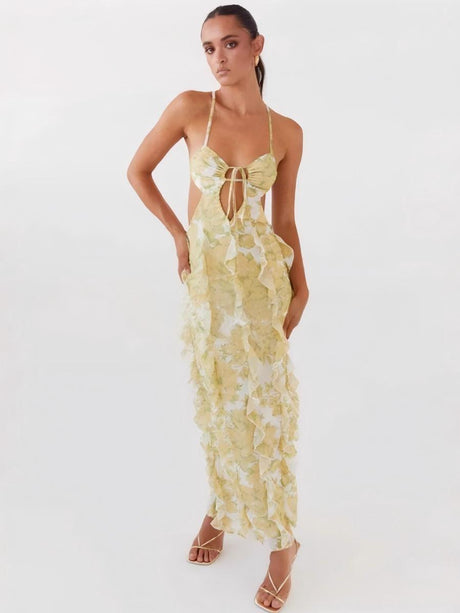 Backless Floral Ruffled Long Dress