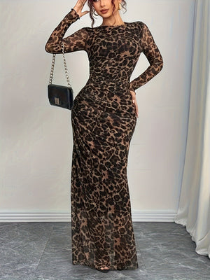 Leopard Mesh Printing Pleats Sexy Tight Fit Crew Neck Maxi Dresses