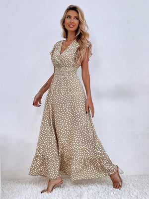 Floral Lotus Leaf Sleeves V-neck Vacation And Leisure Maxi Dresses