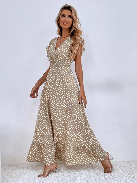 Floral Lotus Leaf Sleeves V-neck Vacation And Leisure Maxi Dresses