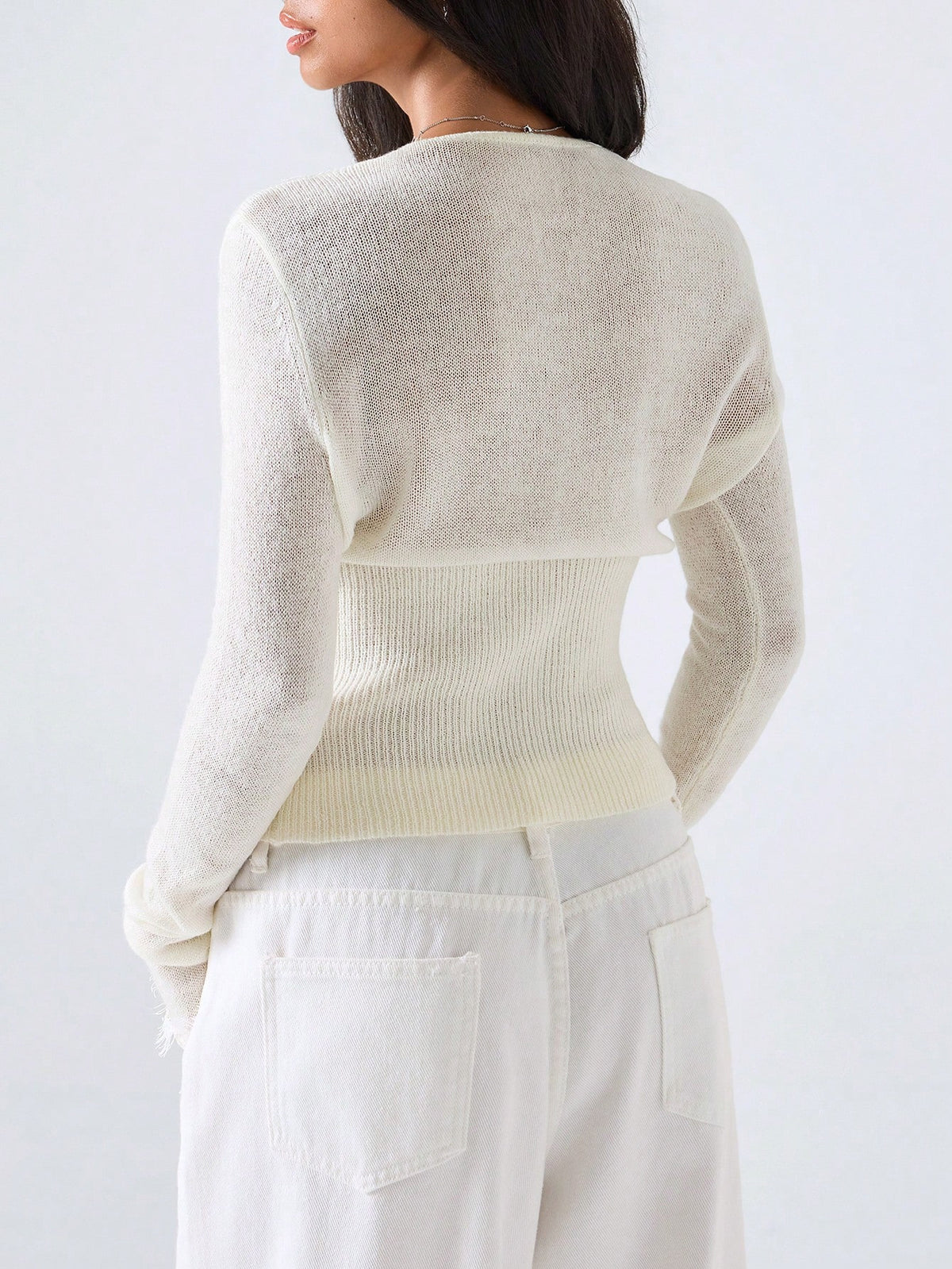 Lace Knitwear Slim-fit V-neck Solid Color Blouse&Shirts
