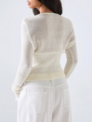 Lace Knitwear Slim-fit V-neck Solid Color Blouse&Shirts