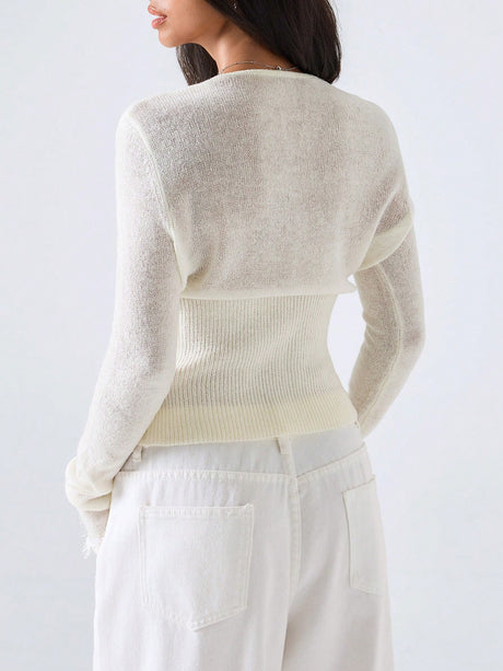 Lace Knitwear Slim-fit V-neck Solid Color Blouse&Shirts