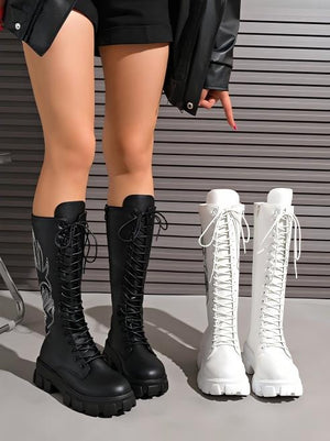 Lace-up Zippered Knee-high Platform Embroidered Vintage Women's Boots