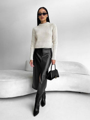 Bodycon Style Matte Fleece Lining PU Leather Slit Sexy Workplace Casual Skirt