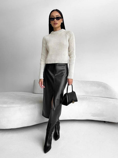 Bodycon Style Matte Fleece Lining PU Leather Slit Sexy Workplace Casual Skirt