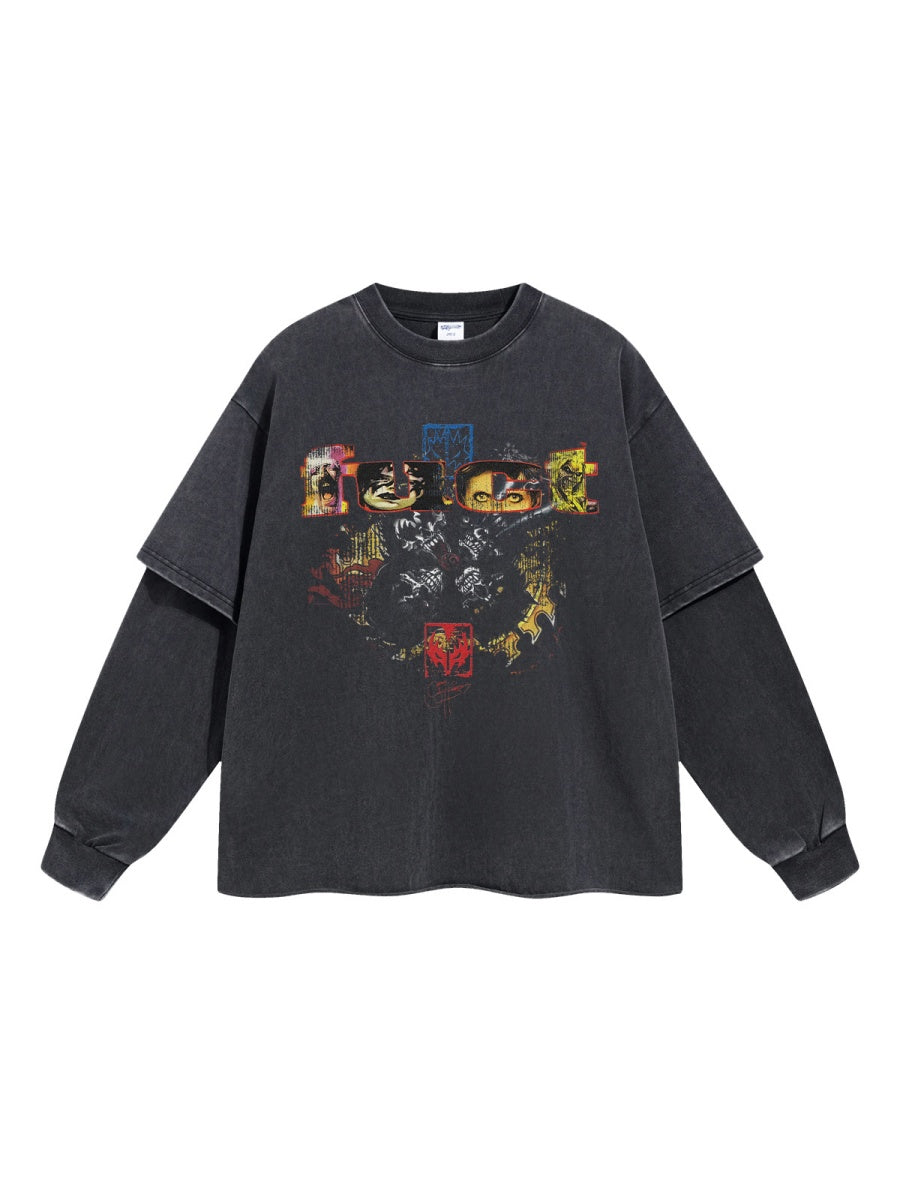 Punk Rebellion Fake Two Pieces Spliced Sleeves Vintage Distressed Printed Long T-shirt