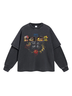 Punk Rebellion Fake Two Pieces Spliced Sleeves Vintage Distressed Printed Long T-shirt