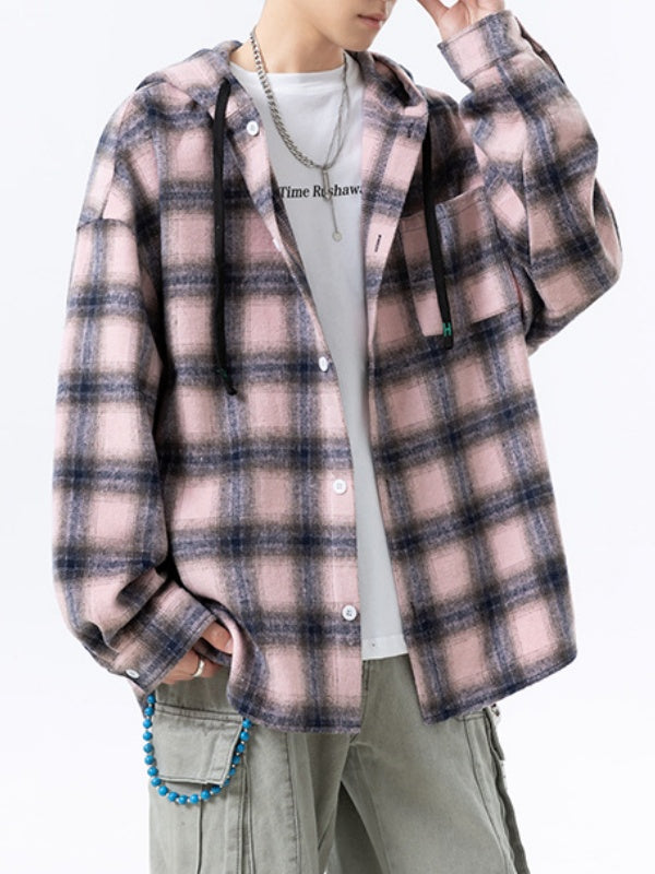 Plaid Stripes Sanding Thickening Hooded Long-sleeved Shirt