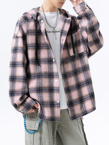 Plaid Stripes Sanding Thickening Hooded Long-sleeved Shirt