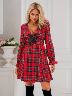 V-neck Tie-up Plaid Christmas Red Green Long Sleeve Bow Holiday Party Short Dress