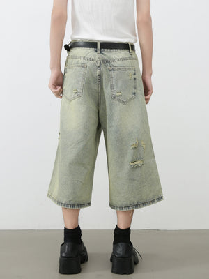 Retro Hole 7 Points Denim Shorts