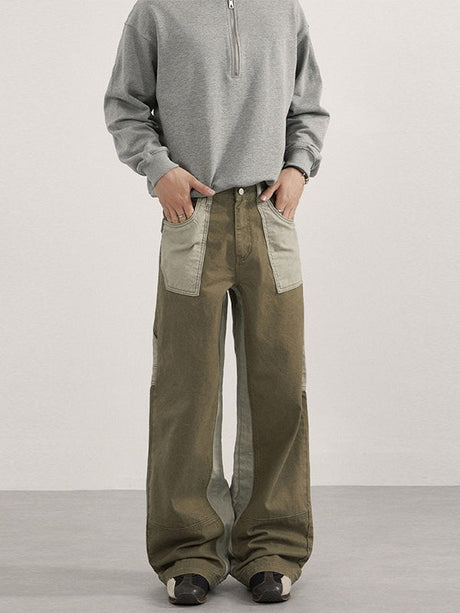 Washing Retro Contrasting Colors Splicing Leisure Vintage Cargo Trousers