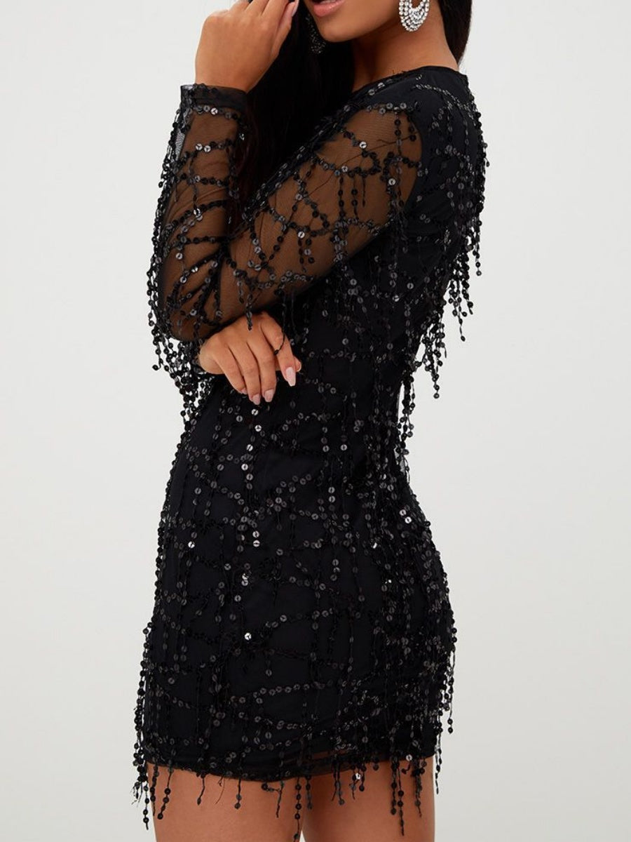 Black Crew Neck Sequins Slim-fit Mini&Short Dresses