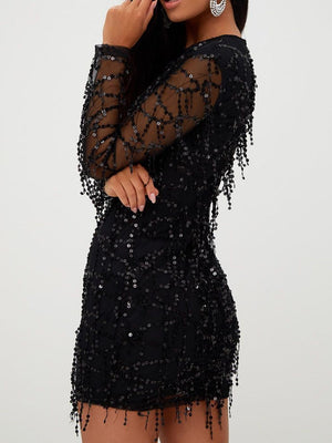 Black Crew Neck Sequins Slim-fit Mini&Short Dresses