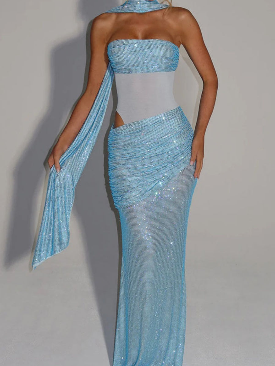 Liber Summer Women's Sequins, stitching, Lined Solid Color Maxi Dresses