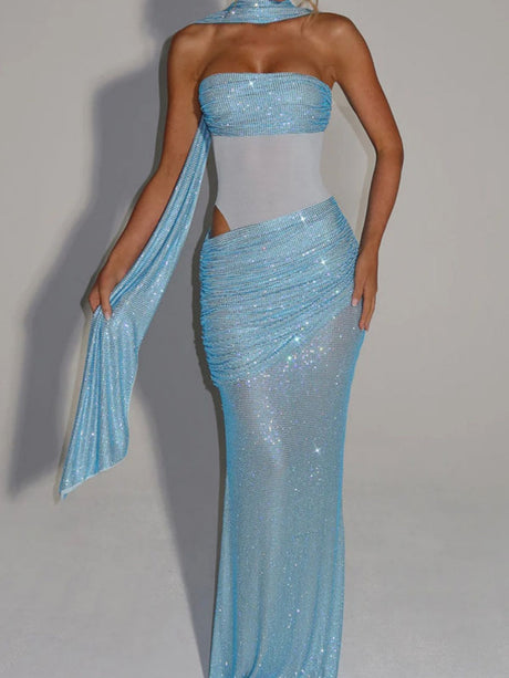 Liber Summer Women's Sequins, stitching, Lined Solid Color Maxi Dresses