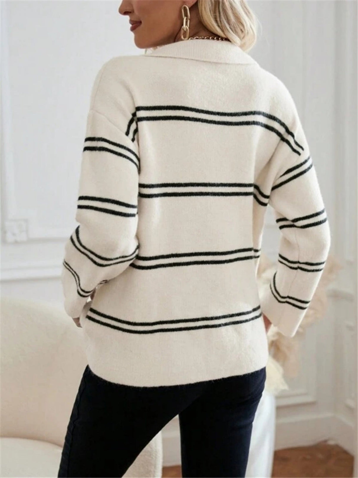 V-neck Striped Color Blocking Polo Shirt Sweater