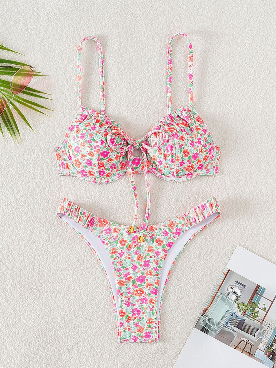 Small Ribbed Floral Print Underwire Bikini
