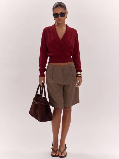 Wool Cross Wrap V Neckline, Fitted Waist, Long Sleeves