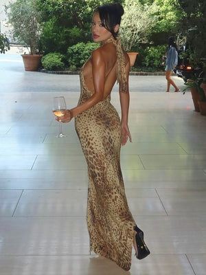 Backless, Fitted, Halter-neck, Irregular Leopard Print Long Dress