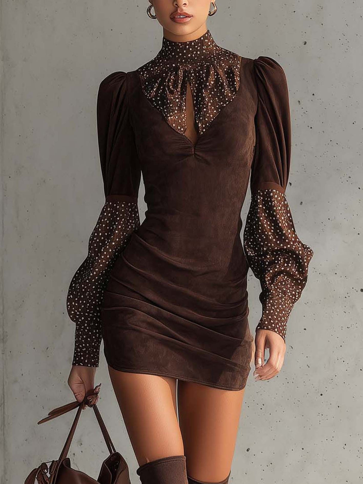 Simulated Silk Polka Dot Patchwork Suede Bodycon Mini Dress