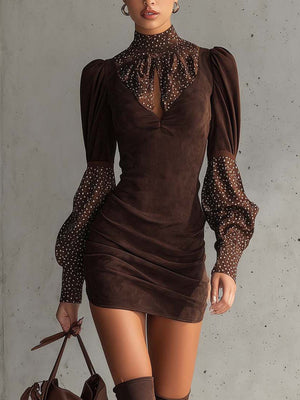 Simulated Silk Polka Dot Patchwork Suede Bodycon Mini Dress