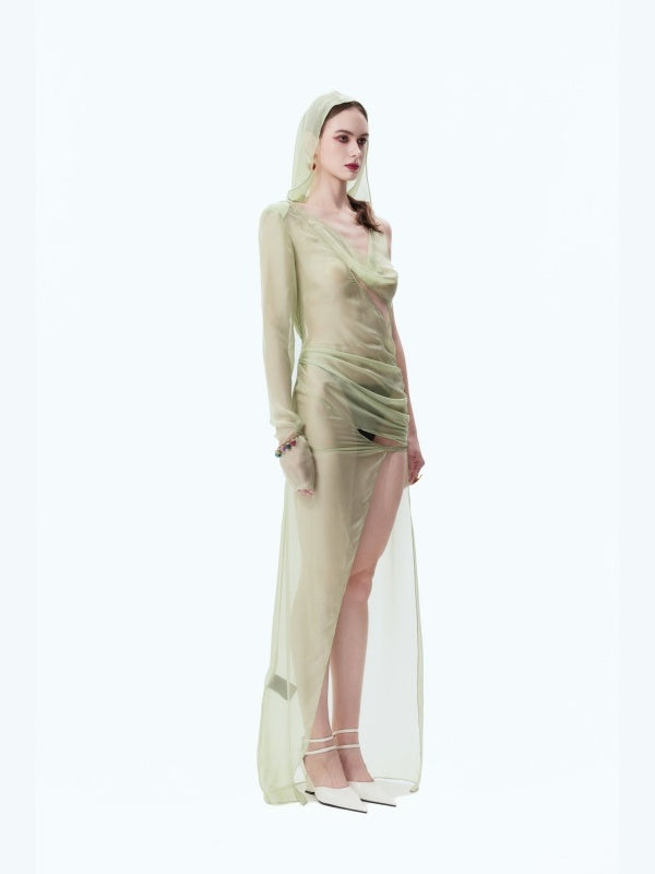 Silk Padded-shoulder Hooded Backless Slit Maxi Dress