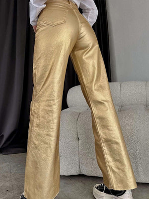 Pocketed, Loose-fitting, Wide-leg, Retro Straight-leg Style In Gold And Silver. Pants