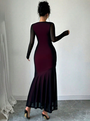 Burgundy Sheer Long-sleeved Square-neck Fitted Long Dress
