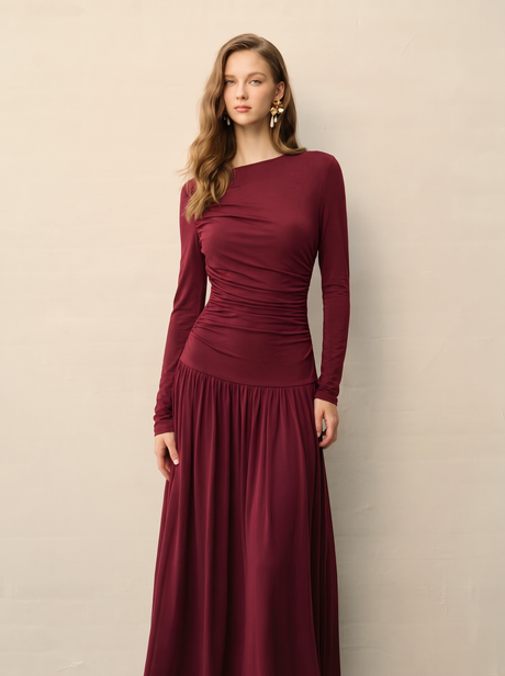 Burgundy Long-sleeved Round Neck Pleated Maxi Dress