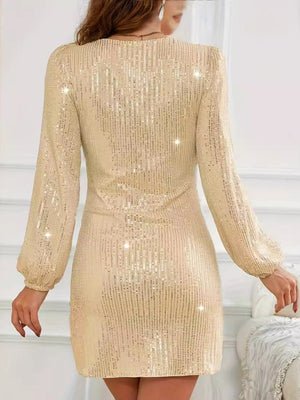 V-neck Sequins Solid Color Long Sleeve Mini&Short Dresses