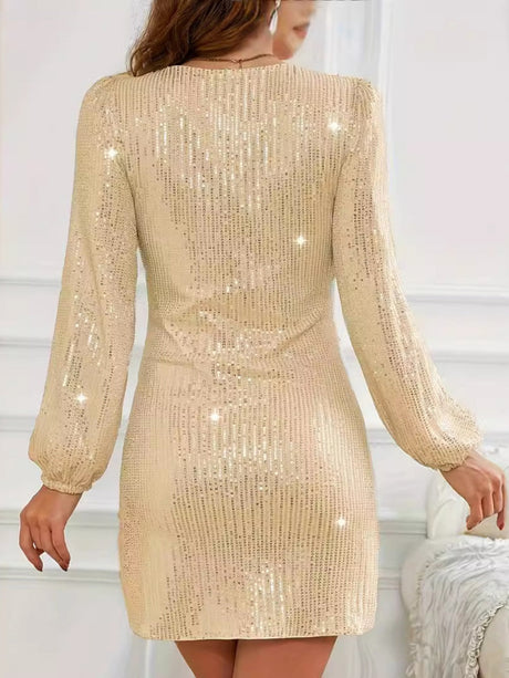 V-neck Sequins Solid Color Long Sleeve Mini&Short Dresses