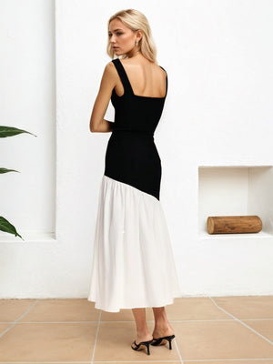 French Commuting Sleeveless One-shoulder Collar Black And White Color Blocking Maxi Dresses