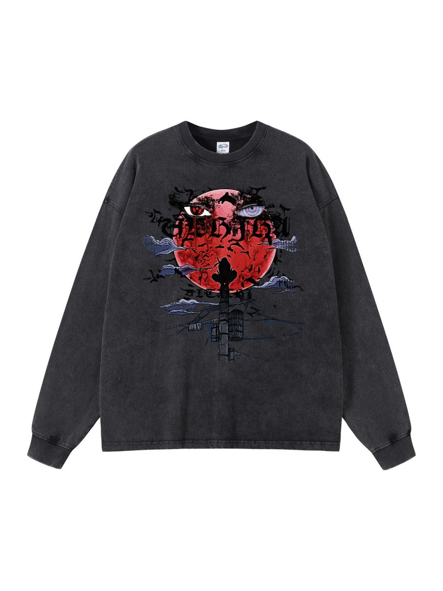 Dark Red Yabi Printed Edging Washing And Aging Long-sleeved T-shirt