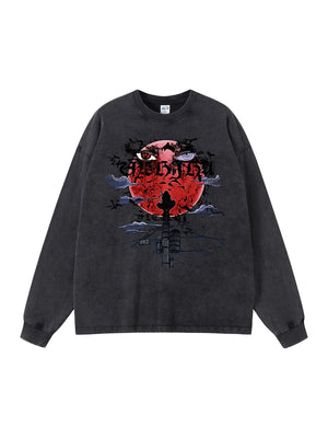 Dark Red Yabi Printed Edging Washing And Aging Long-sleeved T-shirt