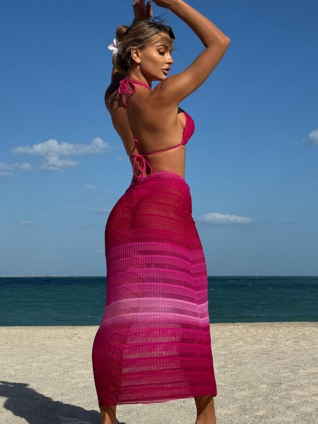 Gradient Mesh Bikini Beach Maxi Dress Three-piece Set
