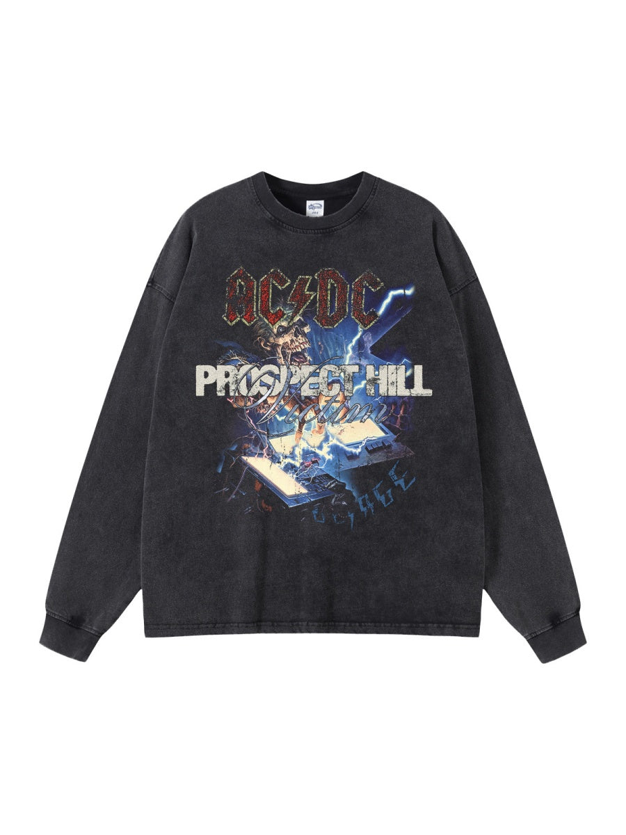 Rock Music Personality Washing Water Printed Long-sleeved T-shirt