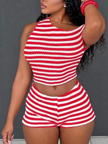 Striped Color Blocking Tank Top And Shorts 2-piece Sets