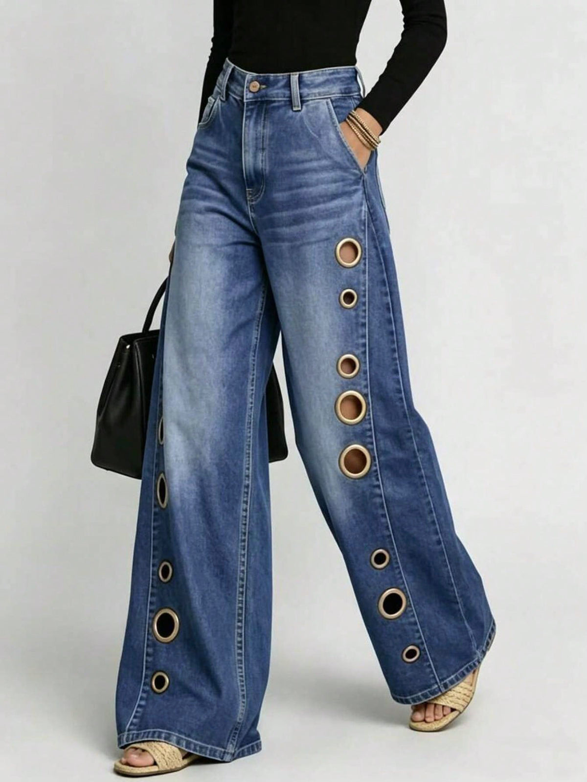 High-waisted, Loose-fitting Jeans With Metal Perforations