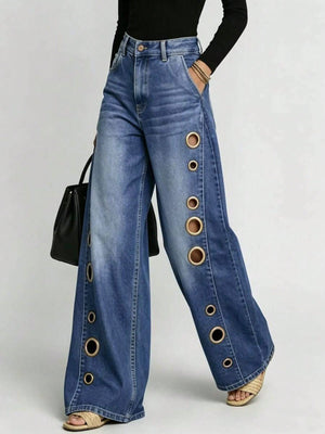 High-waisted, Loose-fitting Jeans With Metal Perforations